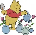Winnie The Pooh Bear With Bees Flowers Bouquet And Gardening Watering Plants - Filled Embroidery Design - 6014