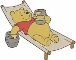 Winnie The Pooh Bear Relaxing On Lounger Eating Honey On Log With Flowers - Filled Embroidery Design - 6052