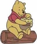 Winnie The Pooh Bear Relaxing On Lounger Eating Honey On Log With Flowers - Filled Embroidery Design - 6054