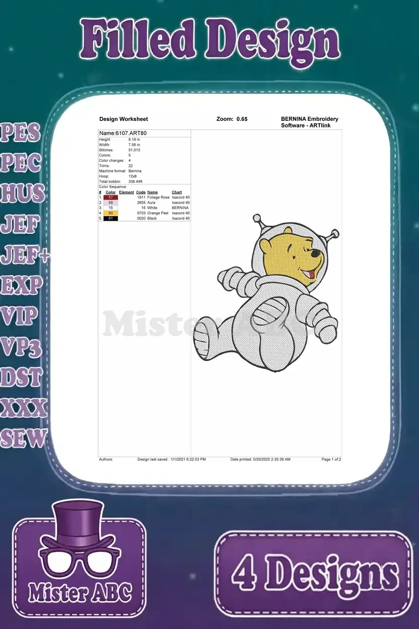 Detailed design worksheet for the Winnie the Pooh astronaut embroidery, showing stitch count, colors, and dimensions.