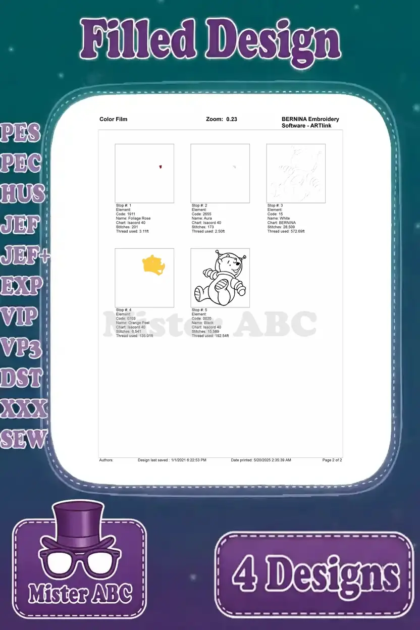 Color film breakdown for the Winnie the Pooh astronaut embroidery design, illustrating stitch progression layer by layer.