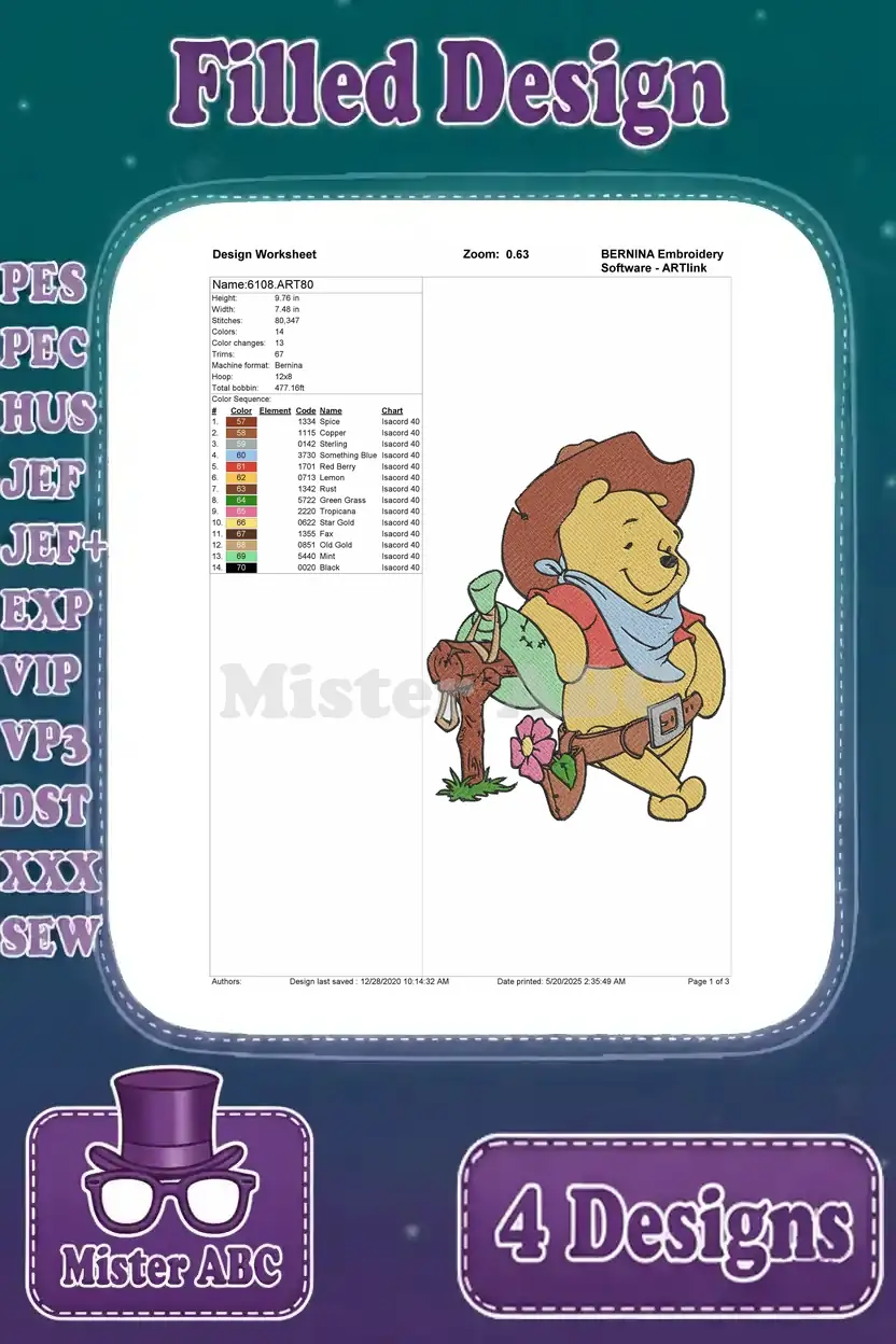 Comprehensive design worksheet for the Winnie the Pooh cowboy embroidery, detailing stitch count, colors, and dimensions.