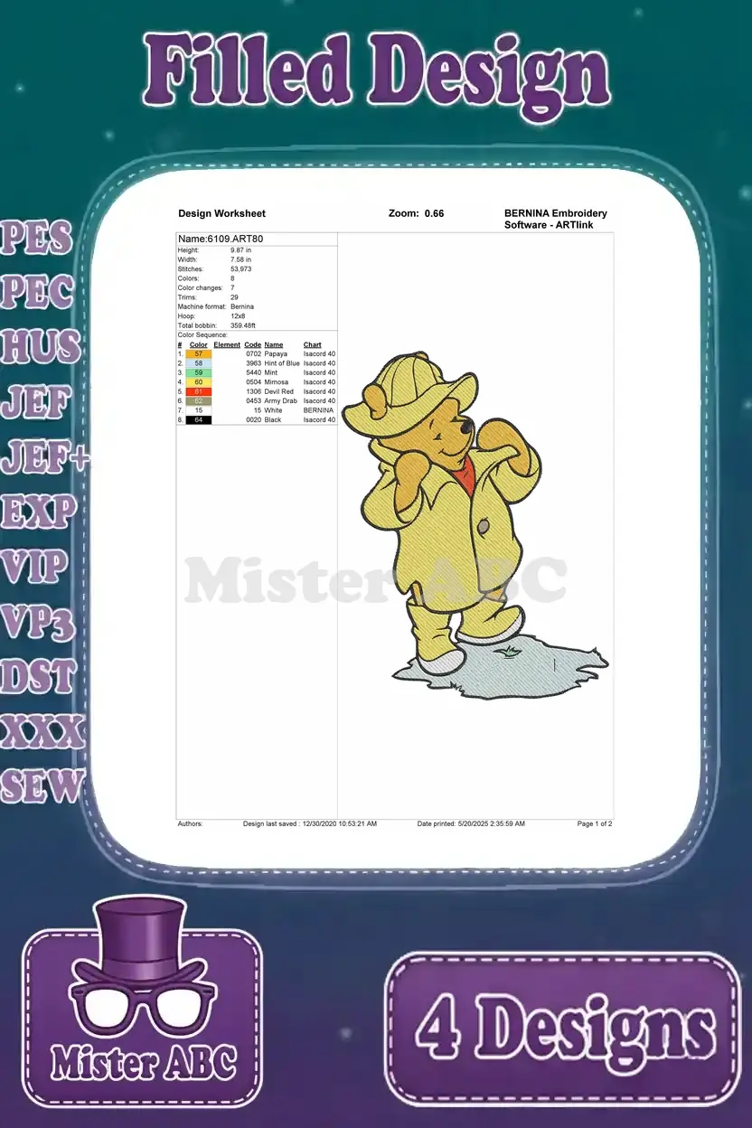 Detailed design worksheet for Winnie the Pooh in a raincoat, providing stitch count, color information, and dimensions.