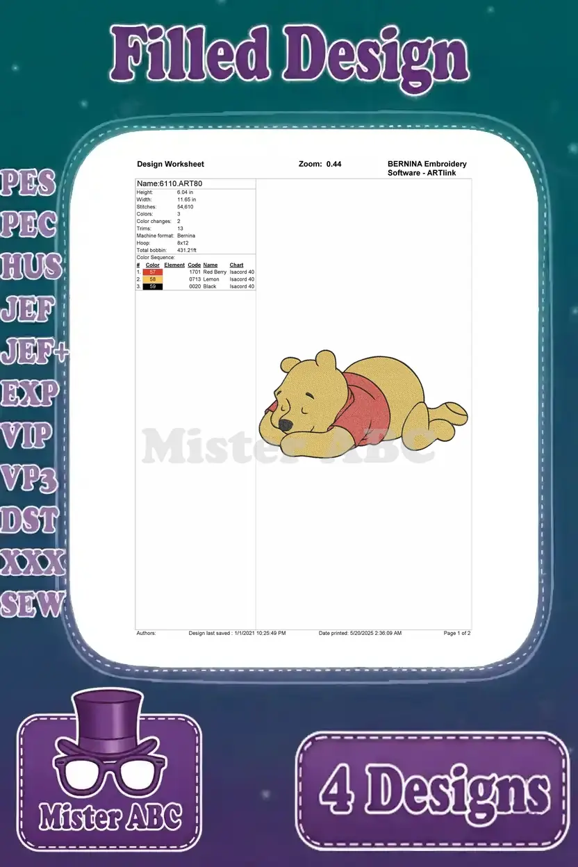 Comprehensive design worksheet for the sleeping Winnie the Pooh embroidery, detailing stitch count, colors, and dimensions.