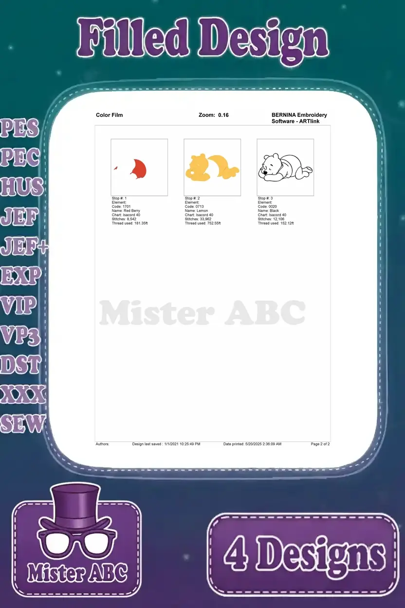 Color film breakdown for the sleeping Winnie the Pooh embroidery design, illustrating stitch progression layer by layer.