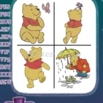 Winnie The Pooh Bear With Butterfly Umbrella In Rain And Standing Poses - Filled Embroidery Design - Instant Download
