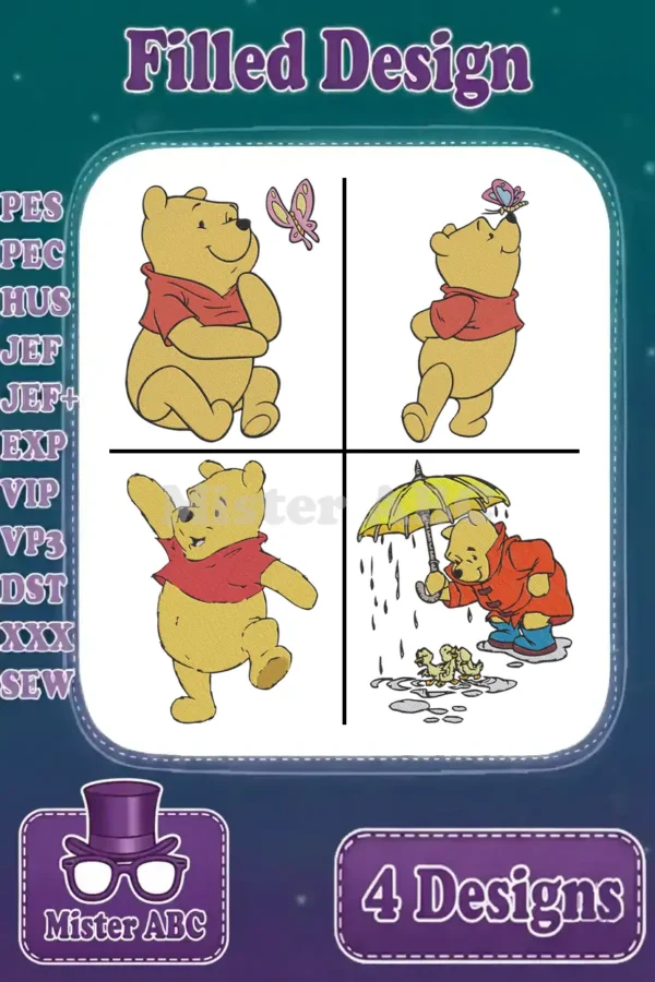 Four charming Winnie the Pooh filled embroidery designs displayed, showcasing various poses and supported file formats.