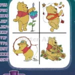 Winnie The Pooh Bear With Flower Fishing Autumn Leaves And Sunflowers - Filled Embroidery Design - Instant Download