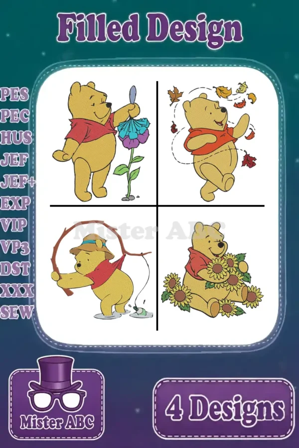 A delightful embroidery bundle featuring four filled Winnie the Pooh designs: with flower, leaves, fishing, and sunflowers.