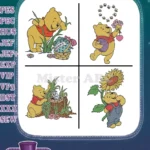 Winnie The Pooh Bear Flower Basket He Flowers Winter Scarf Sunflower - Filled Embroidery Design - Instant Download