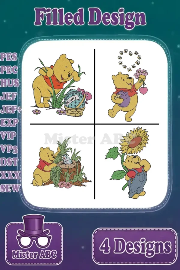Showcasing a delightful bundle of four filled embroidery designs featuring Winnie the Pooh in various charming scenes.
