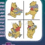 Winnie The Pooh Bear Sitting And Holding Various Flower Bouquets Collection - Filled Embroidery Design - Instant Download