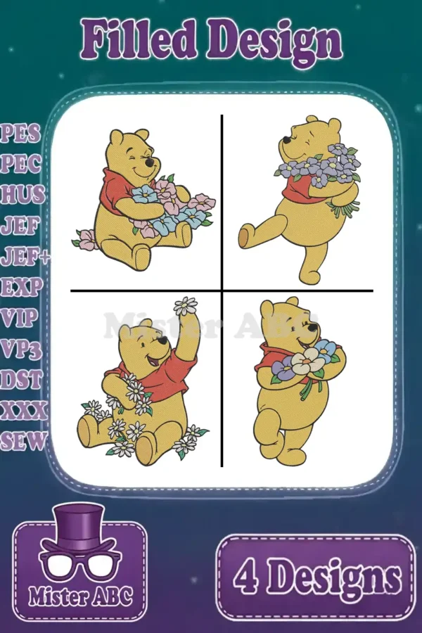 Four delightful Winnie the Pooh filled embroidery designs, each featuring Pooh with charming floral arrangements.