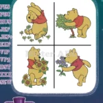 Winnie The Pooh Bear With Shamrocks Sunflowers By Tree And Holding Flowers - Filled Embroidery Design - Instant Download