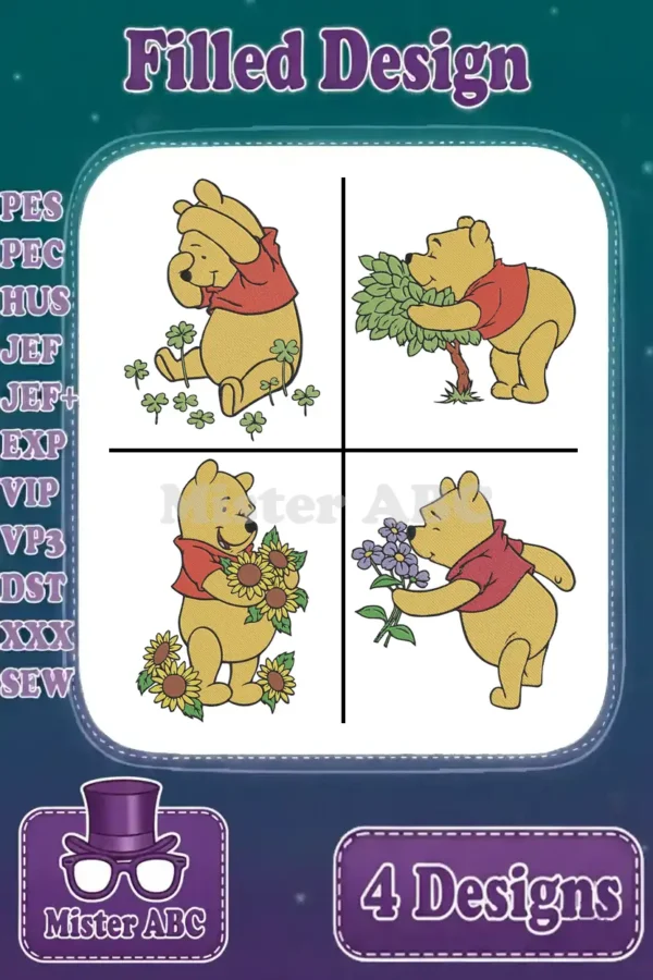 A delightful bundle of four Winnie the Pooh filled embroidery designs, each depicting Pooh with nature elements.
