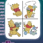 Winnie The Pooh Bear With Bees Flowers Bouquet And Gardening Watering Plants - Filled Embroidery Design - Instant Download