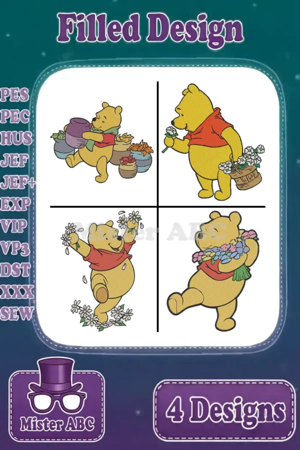 Main image showcasing four distinct Winnie the Pooh filled embroidery designs, ready for various creative projects.