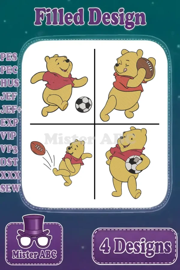 Four vibrant Winnie the Pooh filled embroidery designs featuring him playing soccer and football. Essential machine embroidery formats are listed.