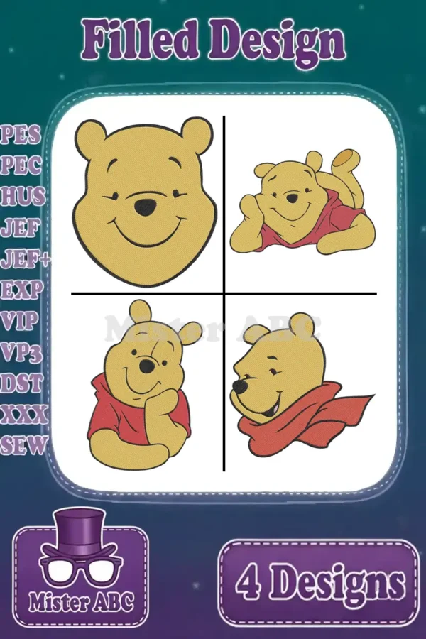 A vibrant display of four filled embroidery designs featuring Winnie the Pooh in various cheerful poses, ready for stitching.