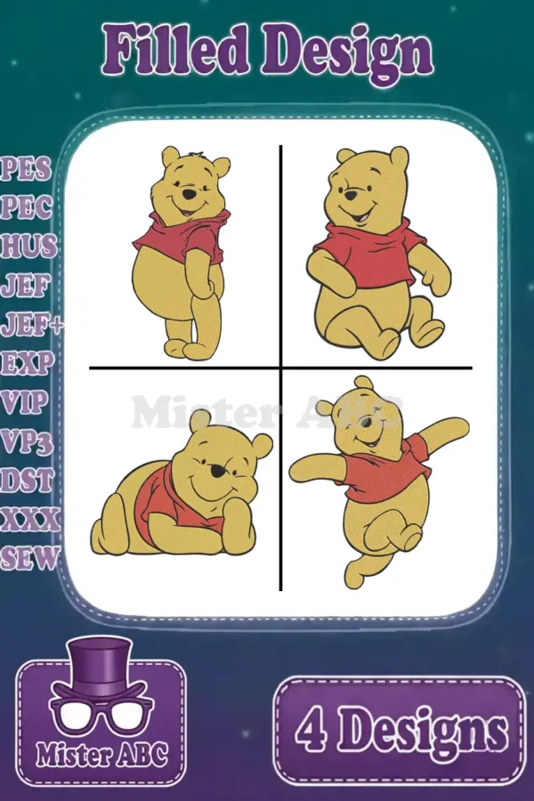 Four vibrant filled embroidery designs of Winnie the Pooh in various poses, showcasing the delightful bundle.