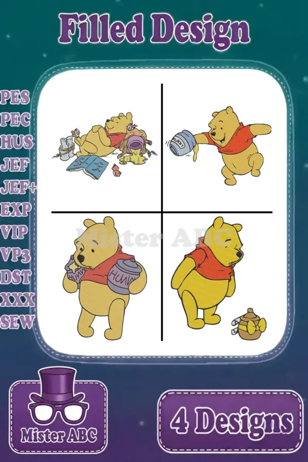 A vibrant display of four unique Winnie the Pooh filled embroidery designs, ready for various creative projects.