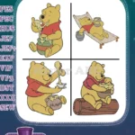 Winnie The Pooh Bear Relaxing On Lounger Eating Honey On Log With Flowers - Filled Embroidery Design - Instant Download