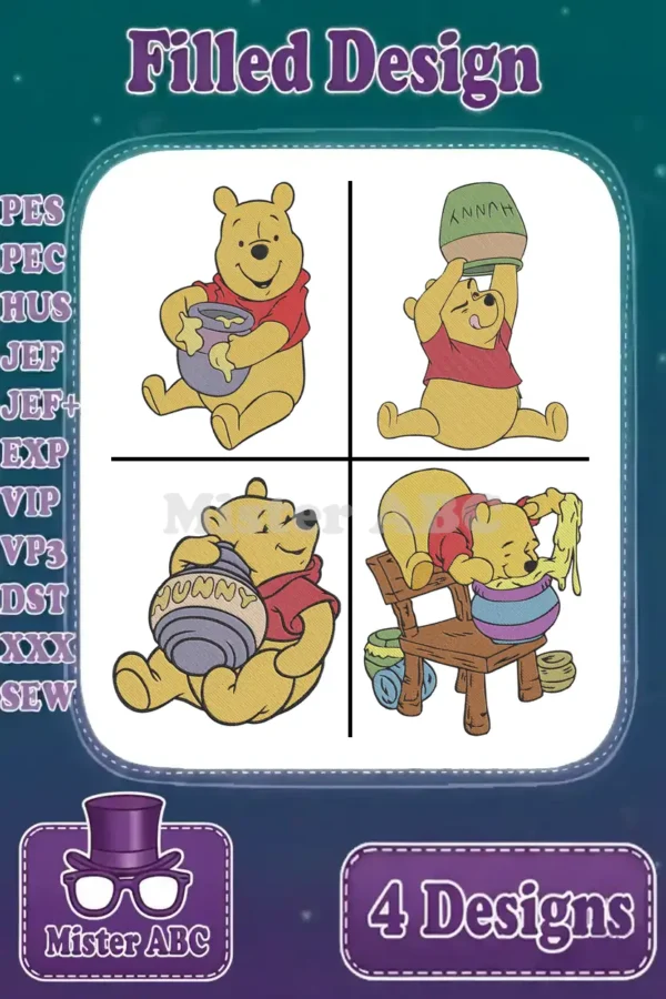 Four charming Winnie the Pooh filled embroidery designs, each depicting Pooh Bear with honey pots in delightful poses.