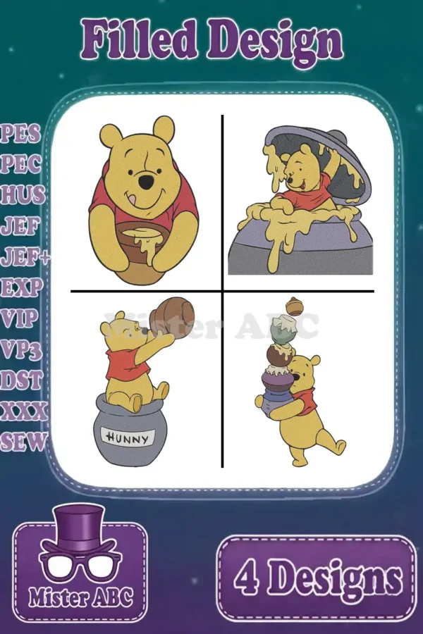 Four vibrant Winnie the Pooh filled embroidery designs, including Pooh with honey, stuck in a pot, drinking, and carrying treats. Shows multiple file formats.