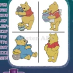 Winnie The Pooh Bear Eating Honey In Pajamas And With Honey On Face Poses - Filled Embroidery Design - Instant Download