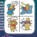 Winnie The Pooh Bear Costumes Donald Duck Pilot Cowboy And Winter Skiing Fun - Filled Embroidery Design - Instant Download