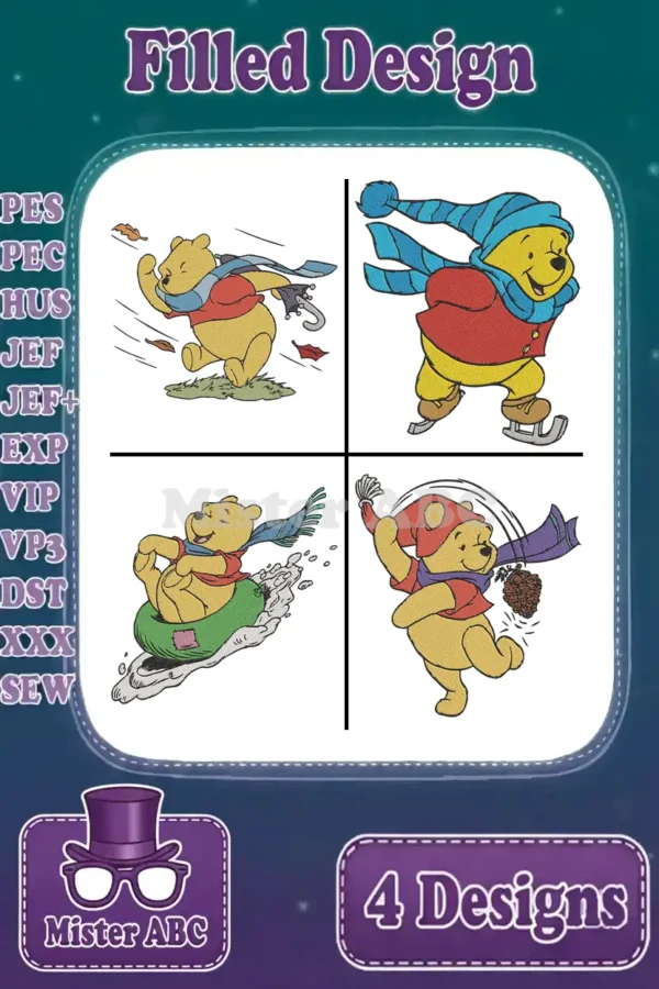 A compilation of four Winnie the Pooh filled embroidery designs, depicting various seasonal activities and available formats.