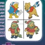 Winnie The Pooh Bear In Various Winter Coats And Ice Skating Character Poses - Filled Embroidery Design - Instant Download