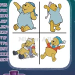 Winnie The Pooh Bear Blue Pajamas And Various Winter Outfits Waving Dancing - Filled Embroidery Design - Instant Download