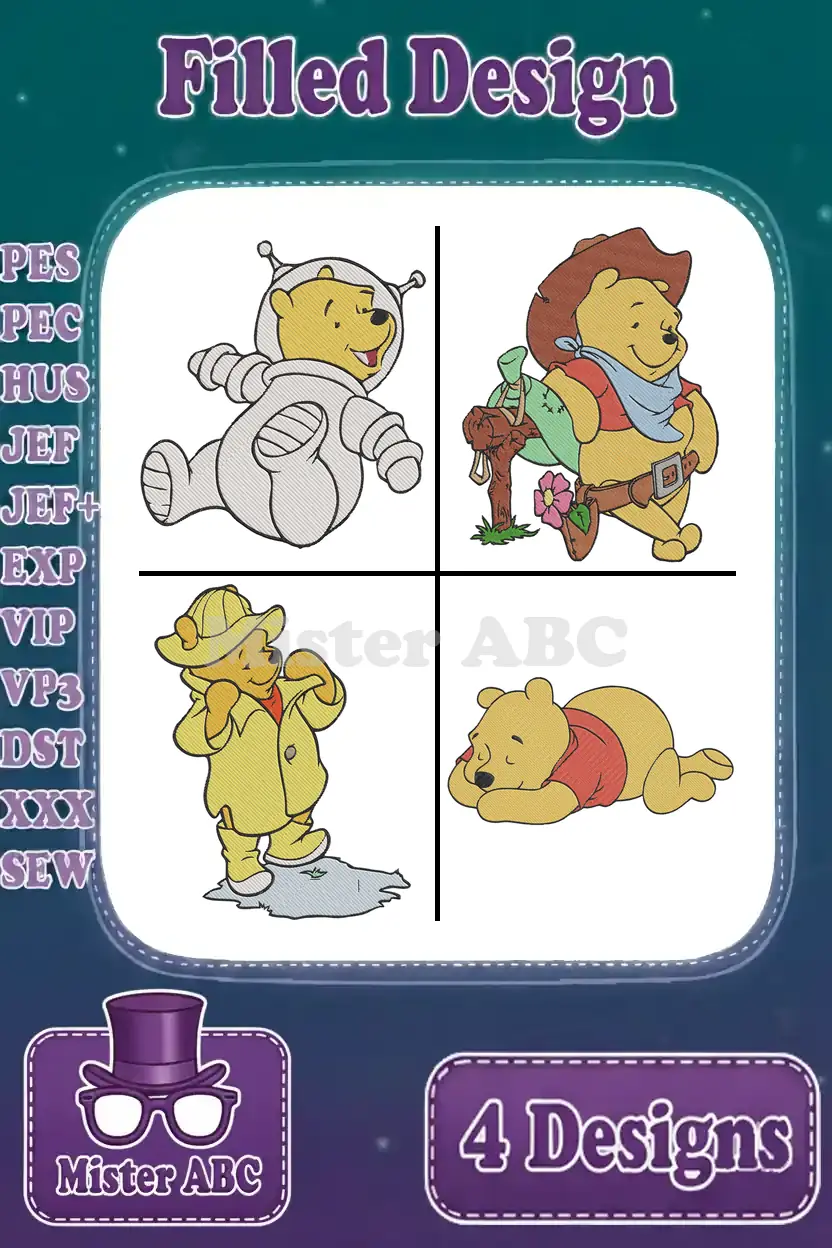 Four charming Winnie the Pooh filled embroidery designs: astronaut, cowboy, raincoat, and sleeping Pooh, ready for various projects.