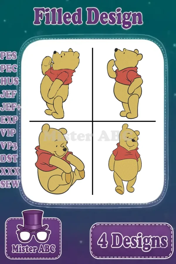 A vibrant main product image displaying four distinct Winnie the Pooh filled embroidery designs, ready for various projects.
