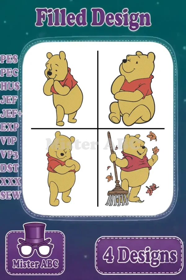 A vibrant embroidery bundle featuring four different filled designs of Winnie the Pooh in various poses, ready for machine embroidery.