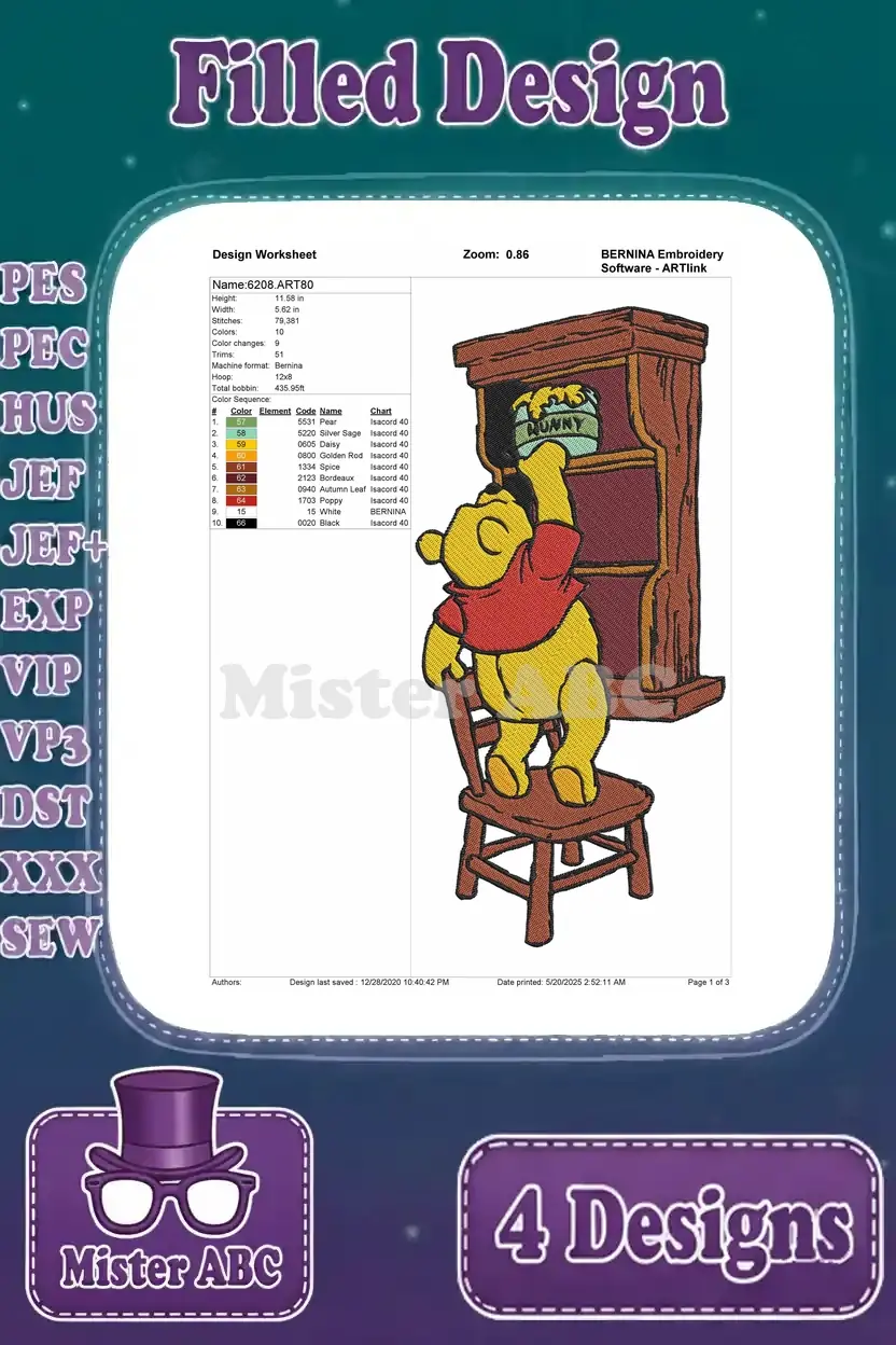 Embroidery design worksheet for Winnie the Pooh reaching for honey, outlining stitch count, colors, and thread info.