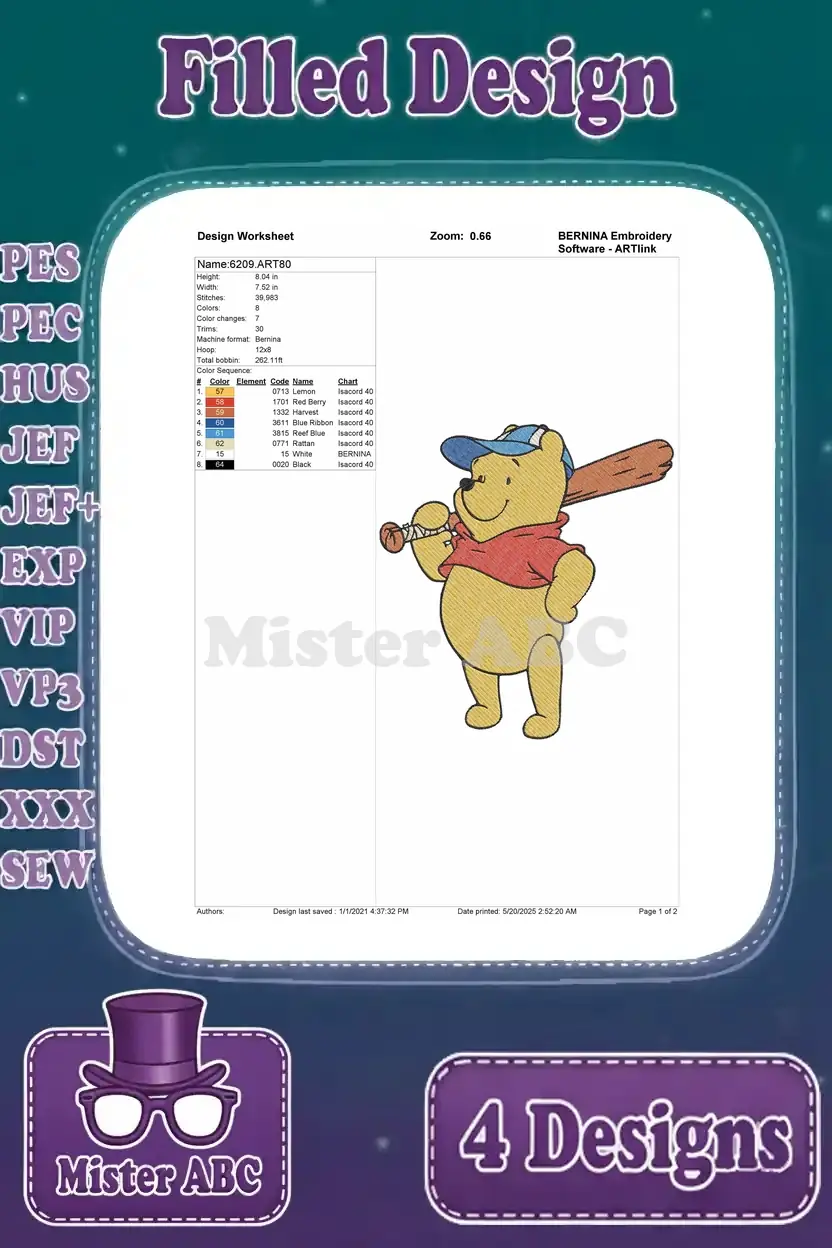 Embroidery design worksheet for Winnie the Pooh with a baseball bat, detailing stitches, colors, and thread info.