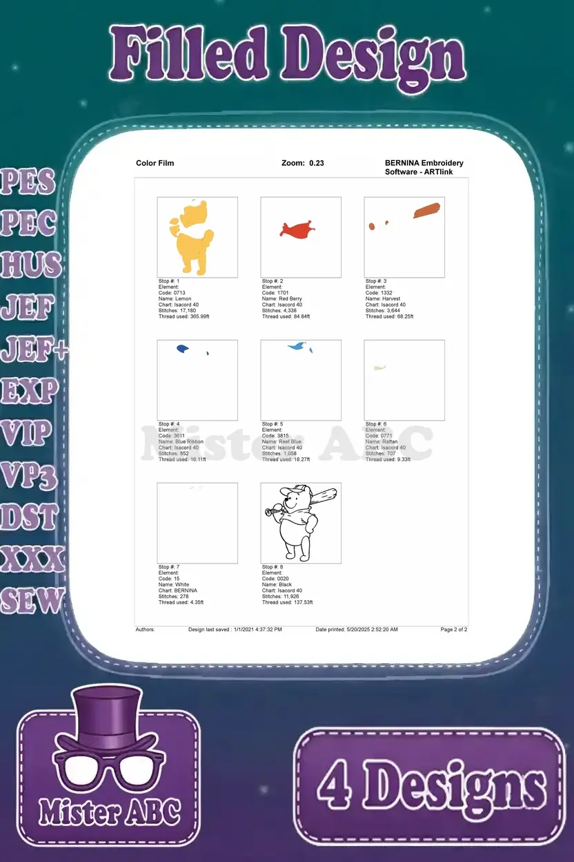Color film chart for Winnie the Pooh baseball design, illustrating the precise order of color application.