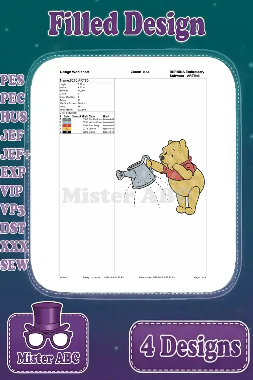 Embroidery design worksheet for Winnie the Pooh watering flowers, detailing stitch count, colors, and thread info.