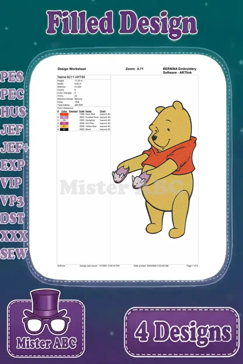A design worksheet for Winnie the Pooh holding fish, detailing stitch count, color changes, and thread information.