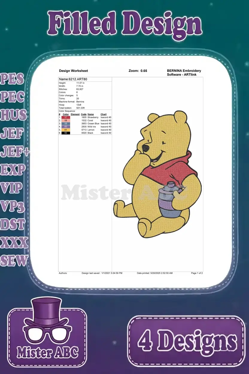 A design worksheet for Winnie the Pooh holding a honey pot, showing stitch details and thread requirements.