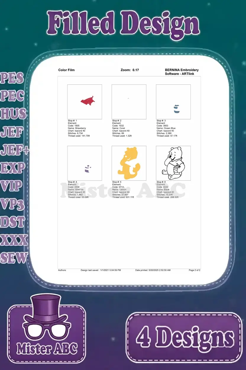 Color film sequence for the Winnie the Pooh holding a honey pot embroidery, showing stitch progression.
