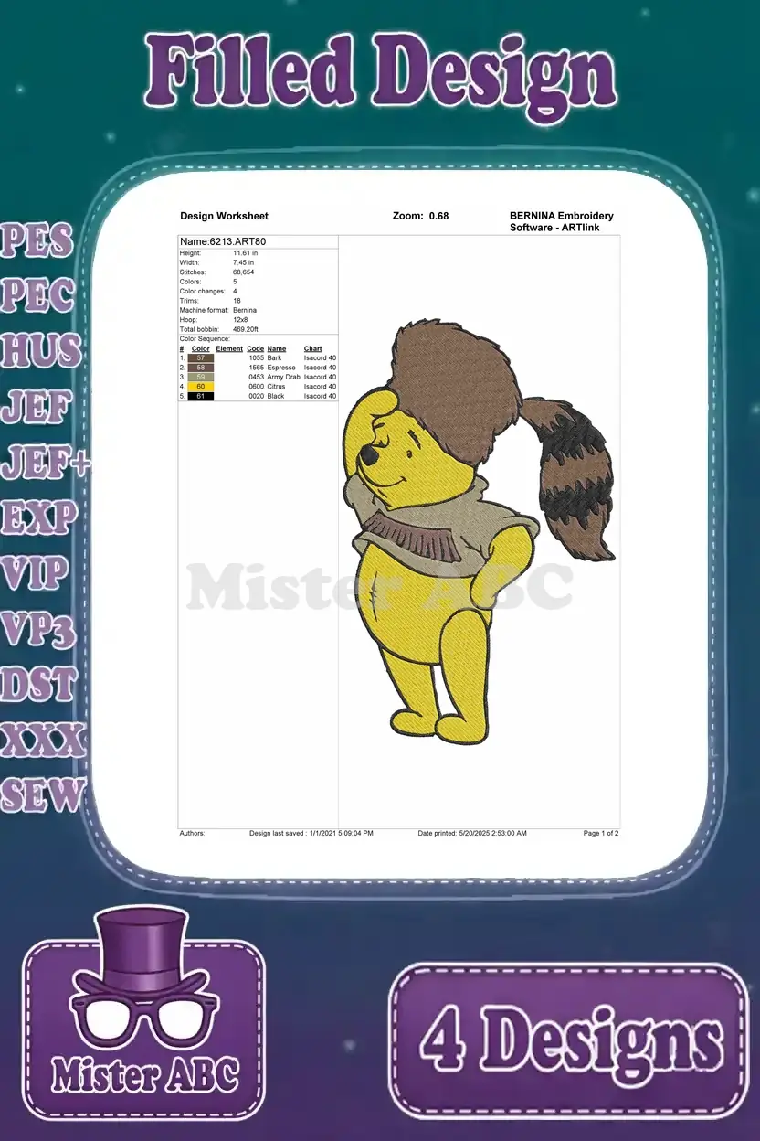 A design worksheet for Winnie the Pooh in a coonskin cap, outlining stitch data and color palette.