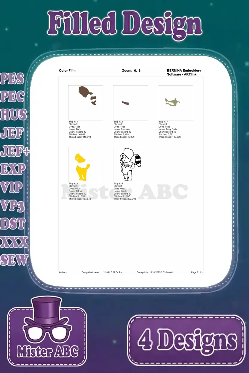 Color film sequence for Winnie the Pooh in a coonskin cap, depicting the order of embroidery steps.