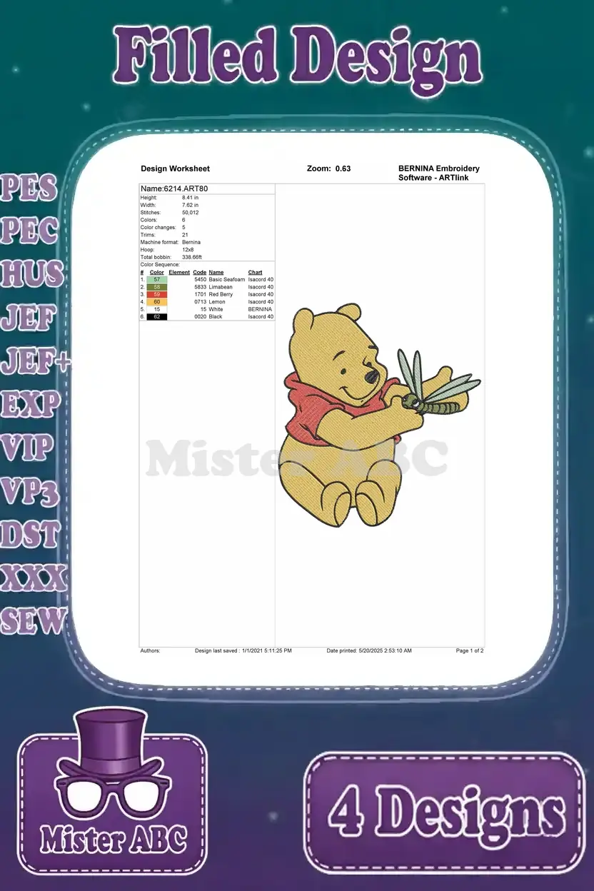 A design worksheet for Winnie the Pooh with a grasshopper, detailing stitch counts and thread colors.