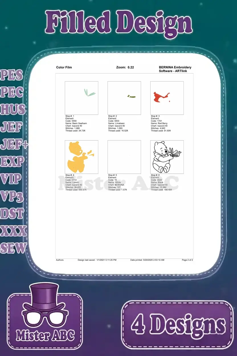 Color film sequence for Winnie the Pooh with a grasshopper, showing the progression of colors and stitches.