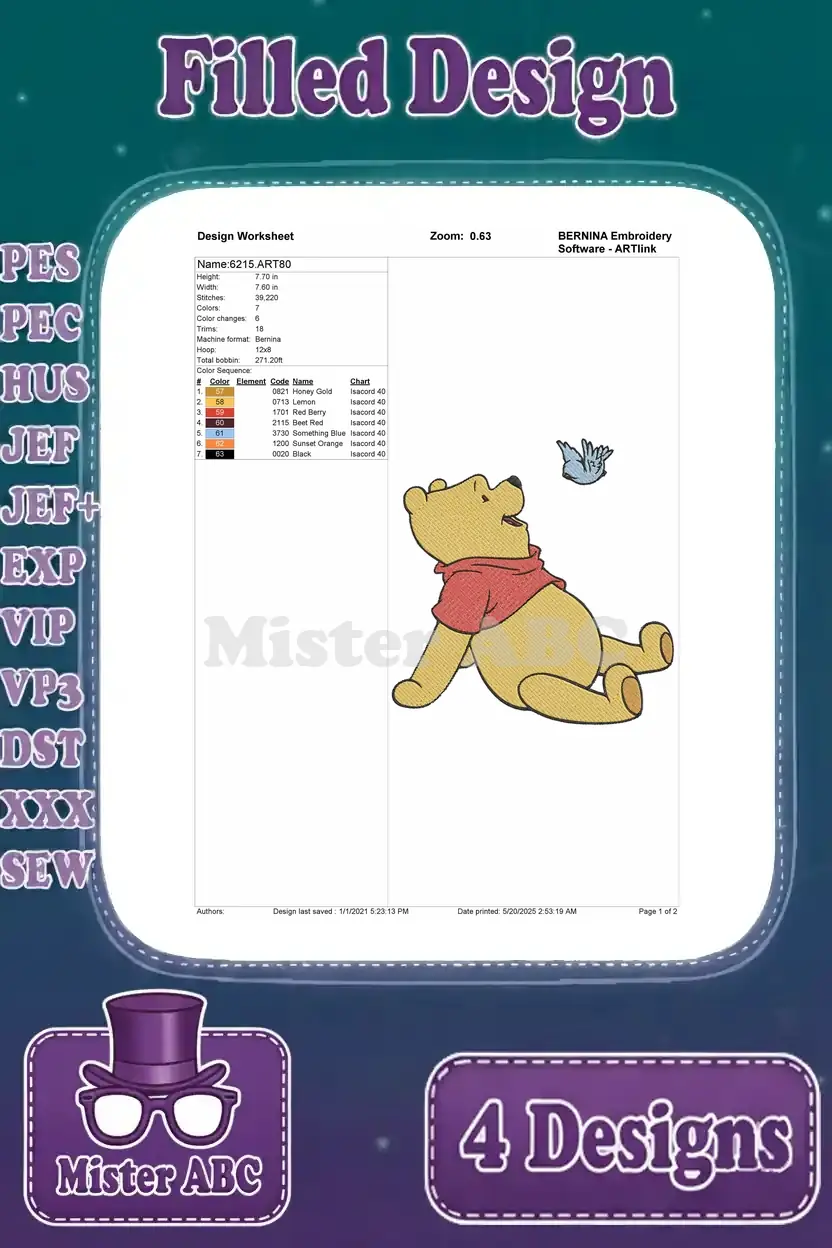 Detailed design worksheet for the Winnie the Pooh relaxing with butterfly embroidery, showing stitch count and colors.