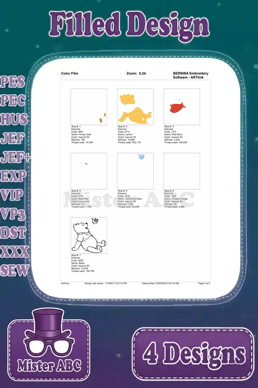 Color film sequence for the Winnie the Pooh relaxing with butterfly embroidery, illustrating stitch order by color.