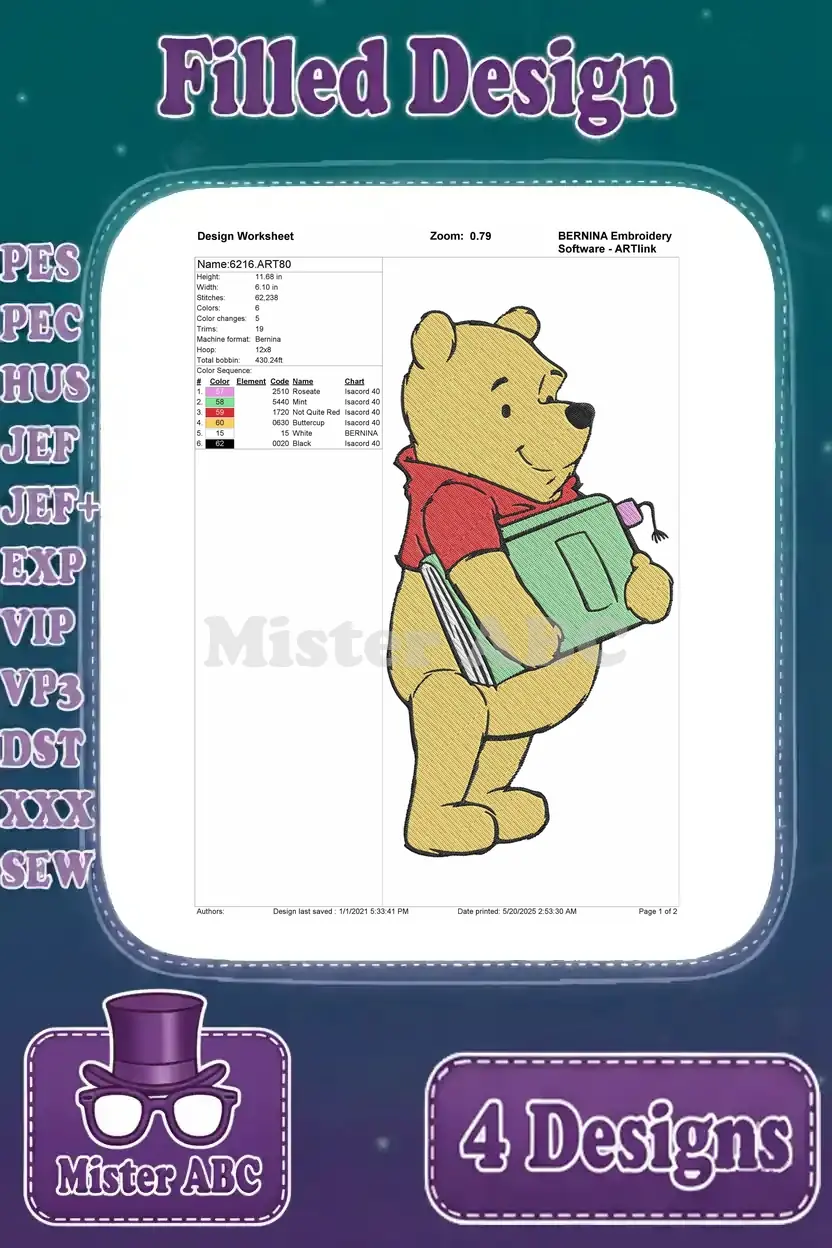 Detailed design worksheet for Winnie the Pooh holding a book embroidery, displaying stitch count and color information.